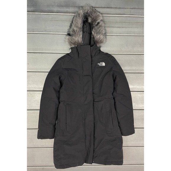 North Face Arctic Parka Jacket Womens Small Black Full Zip 550 Down Faux Fur - Picture 1 of 12
